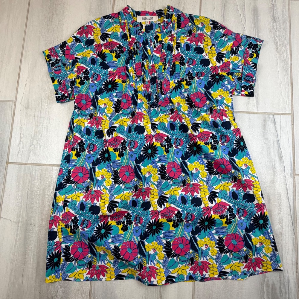 Diane von Furstenberg Floral Cotton Shift Dress Bib Front DS1R008 Womens M
